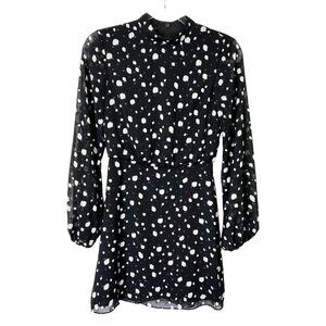 Ted Baker Polka Dot Mini Dress Womens Size 2 Black White High Neck Long Sleeve